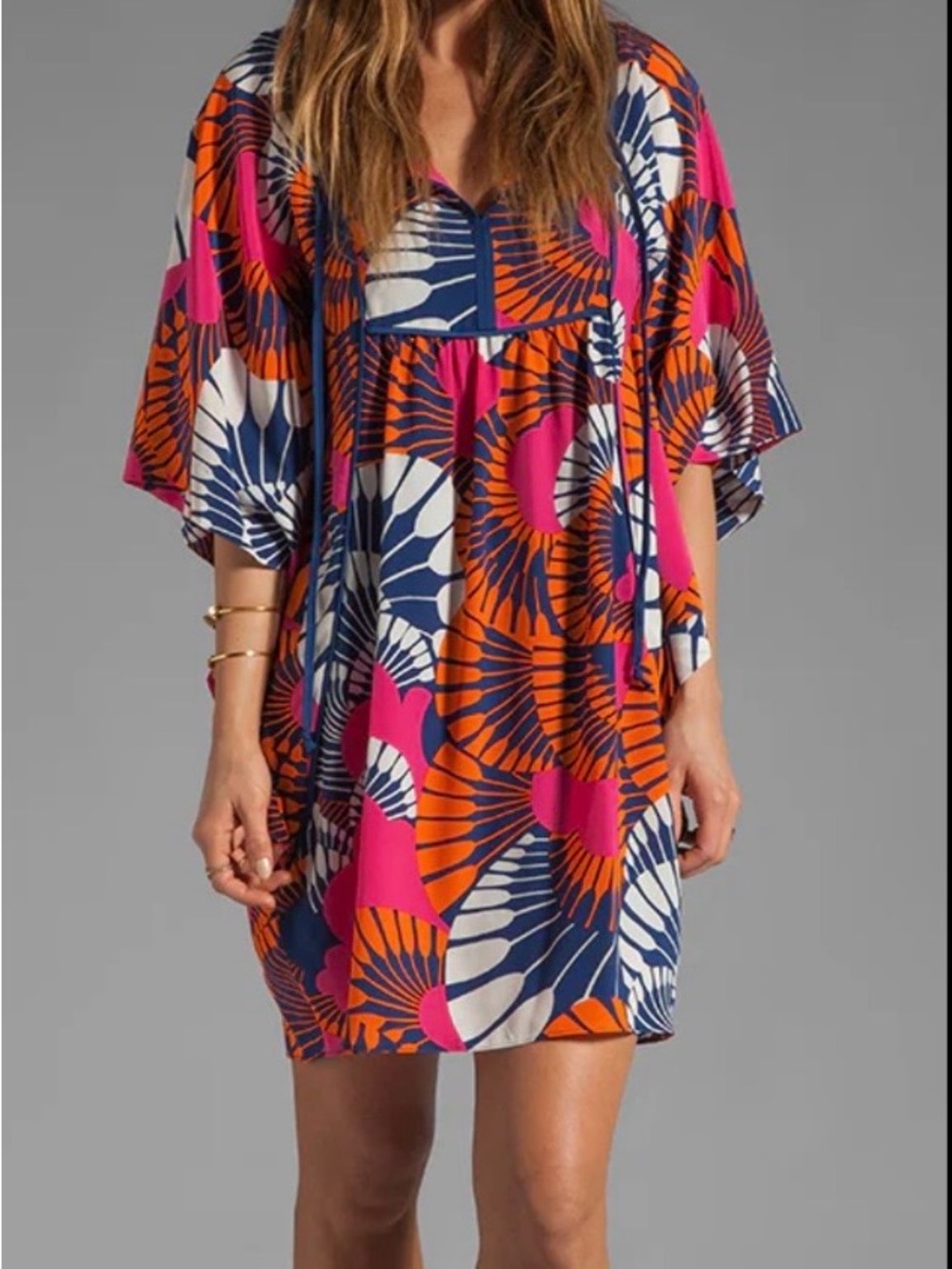 Trina Turk Colorful V-Neck swim cover up Mini Dress in Pink, Orange & Navy